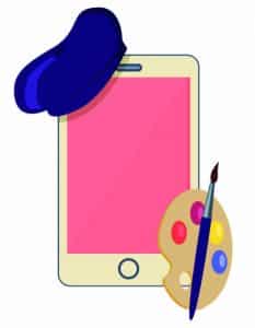 cartoon smartphone met baret en palet