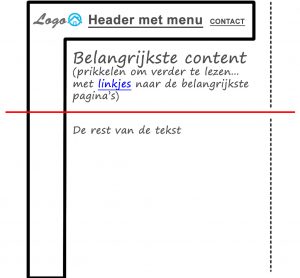 Schematische indeling van een webpagina met nadruk op content boven de vouw en belangrijke links linksboven.