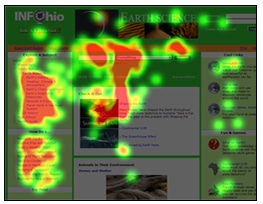 Voorbeeld van een heatmap die toont dat bezoekers het meest klikken op menu-items aan de linkerkant van de pagina.