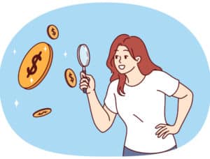 Een vrouw met vergrootglas en vliegende munten
