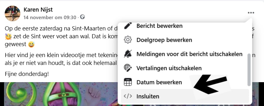 Menu bij Facebookbericht waar je onderaan kunt kiezen voor Insluiten