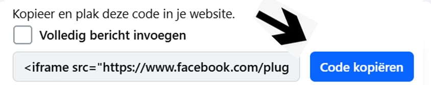 De balk met de iframe code en een grote blauwe knop met Code kopiëren