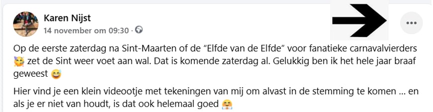 Facebookbericht met een pijl die de drie bolletjes rechtsboven het bericht aanwijst