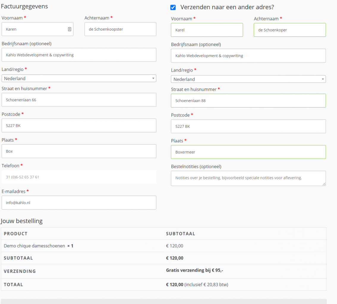 Printscreen standaard bestelformulier in Woocommerce