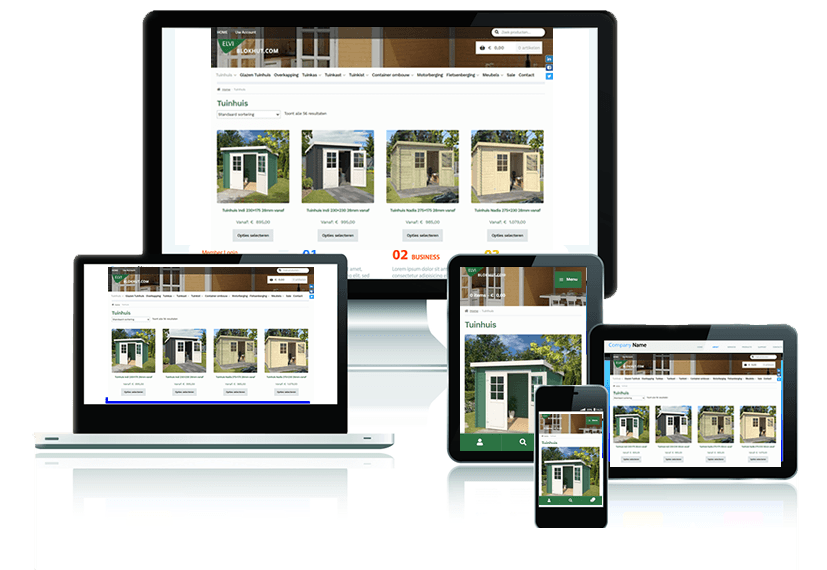 blokhutcom-webwinkelKLF De site van de blokhut afgebeeld op verschillende schermgroottes