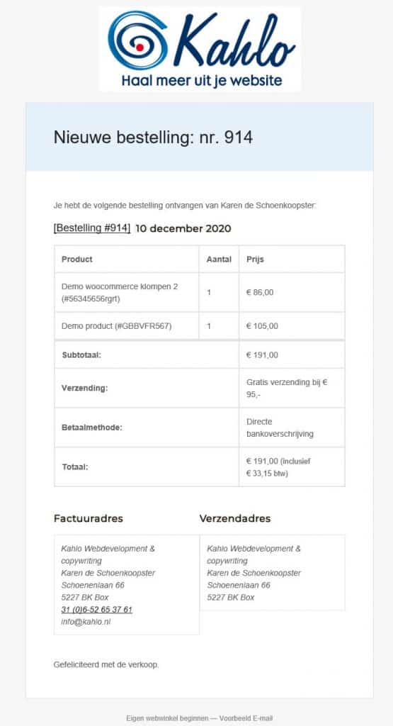 Printscreen voorbeeld e-mailbericht vanuit Woocommerce