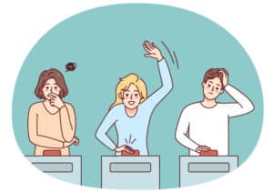 3 mensen die meedoen aan een quiz, met een drukknop