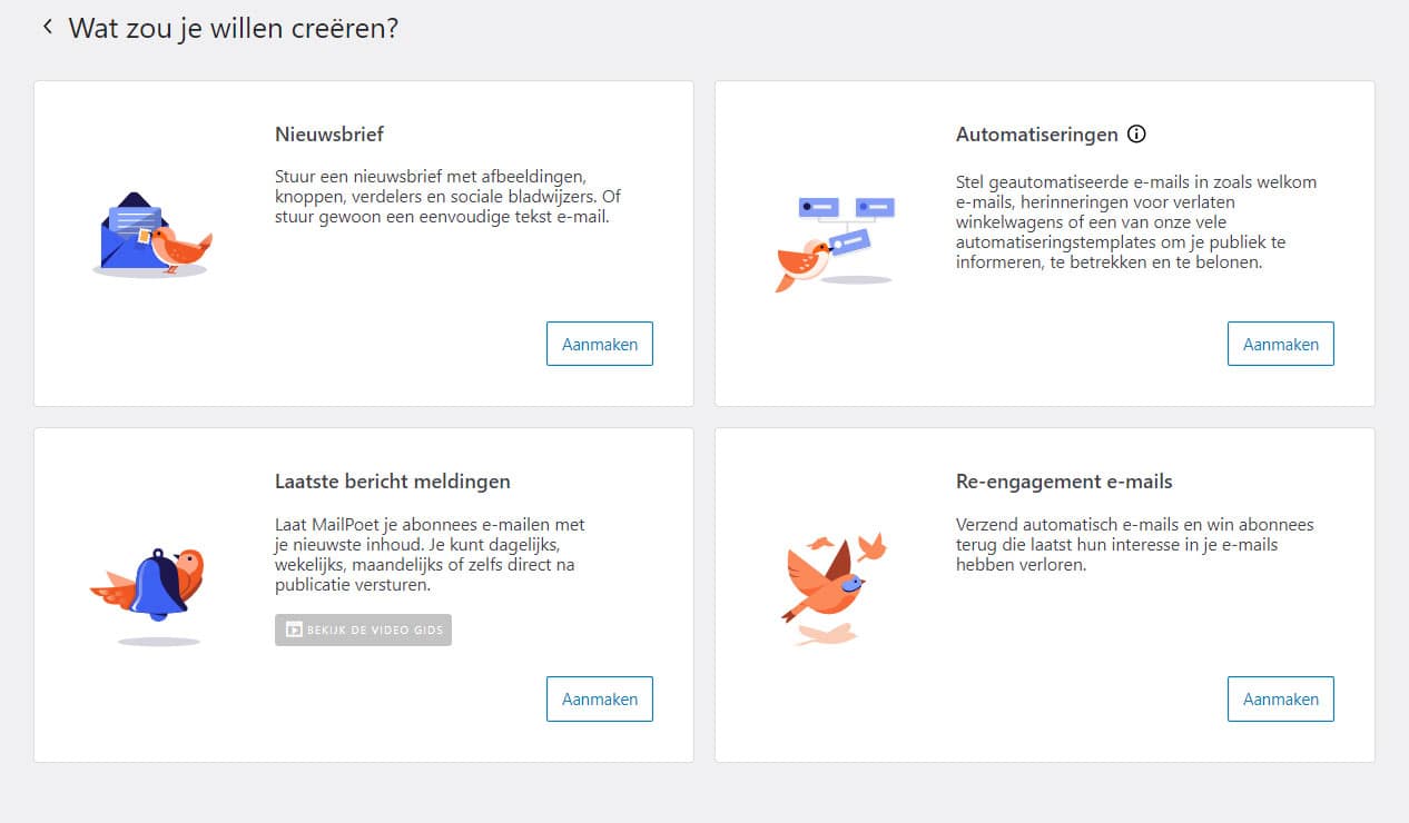 4 keuzes in Mailpoet, Nieuwsbrief, Automatisering, Laatste bericht melding en Re-engagement