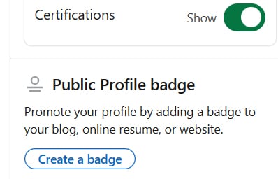 Printscreen met blauwe button Create a badge