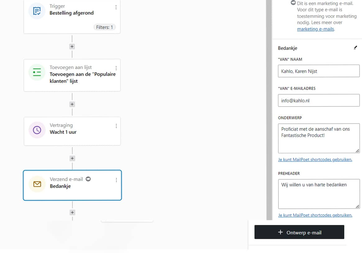 Printscreen instellen e-mailgegevens zoals van en subject