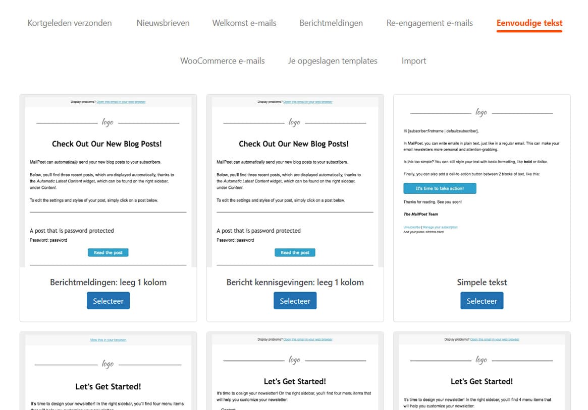 Printscreen  met voorbeelden van templates waaruit je kunt kiezen