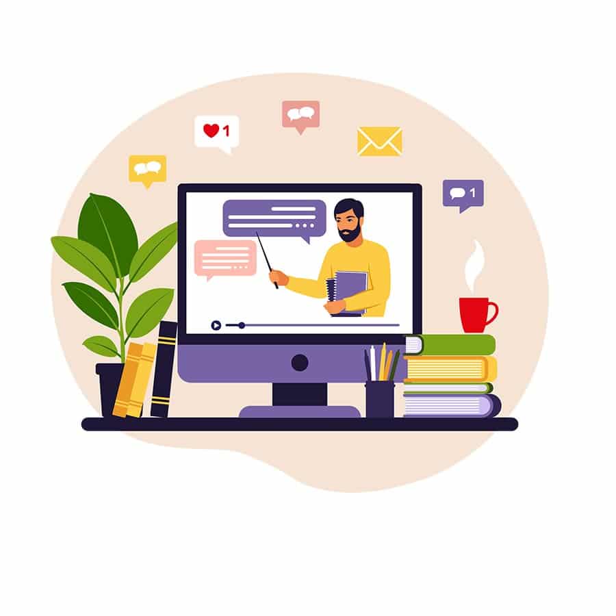 Persoon geeft online presentatie op computerscherm, met boeken en plant ernaast