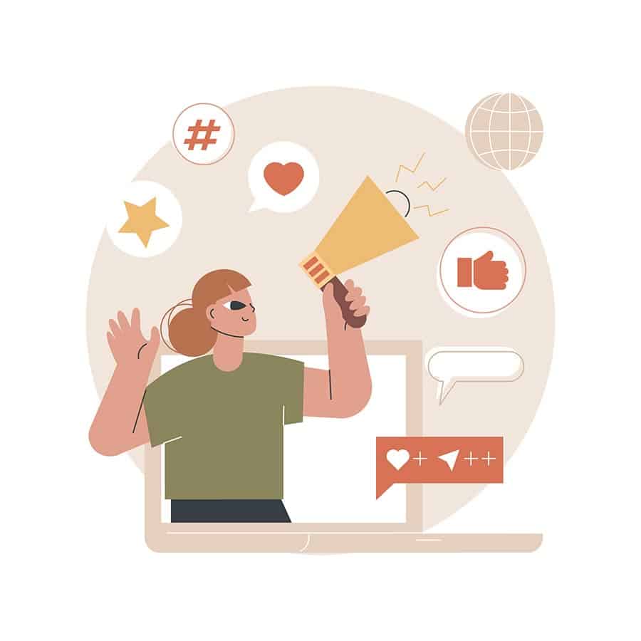 Persoon met megafoon, omringd door sociale media- en wereldbolpictogrammen