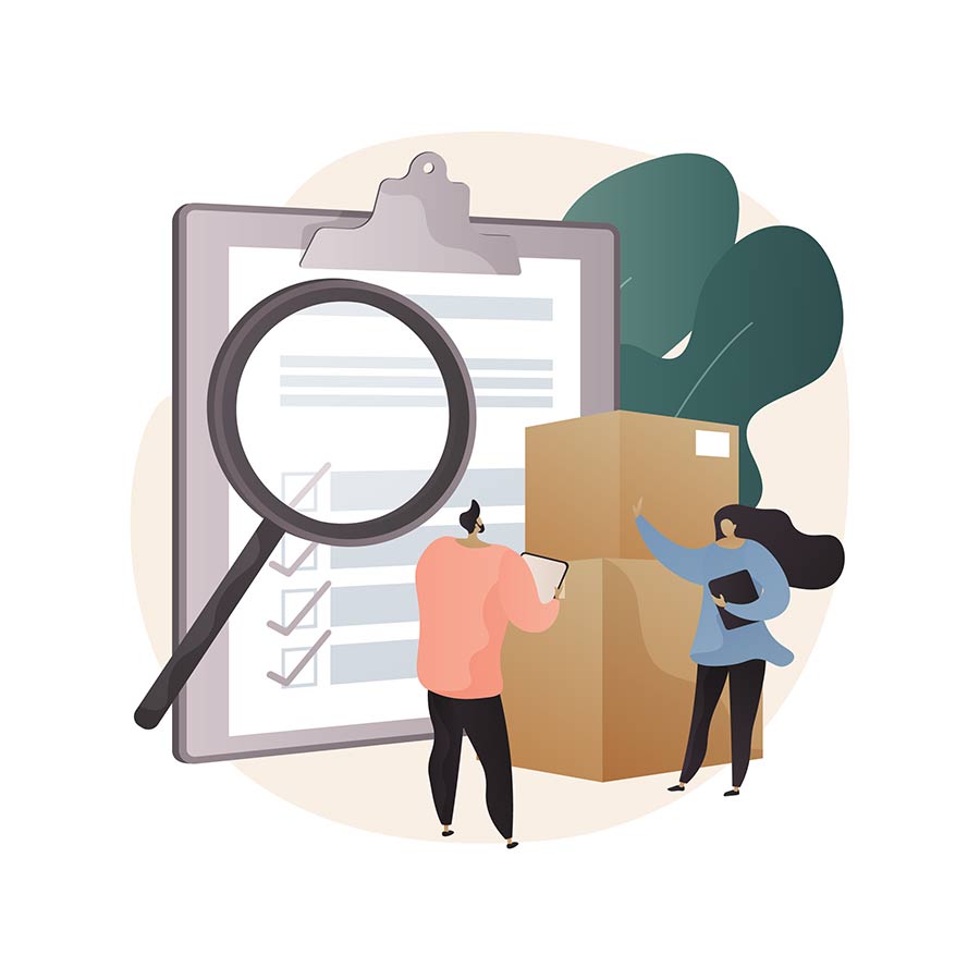 Twee mensen verplaatsen dozen naast een checklist met vergrootglas