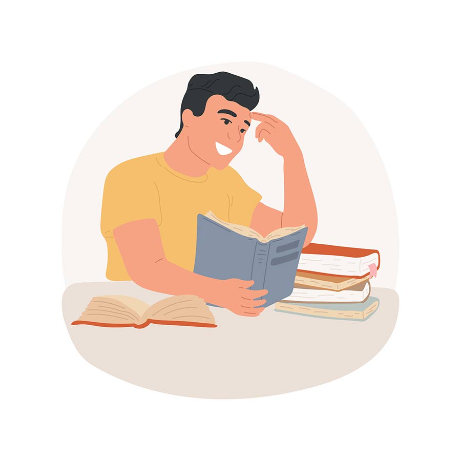 Man leest in een boek met een stapel boeken ernaast