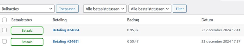 Voorbeeld betaaloverzicht in het dashboard van WordPress