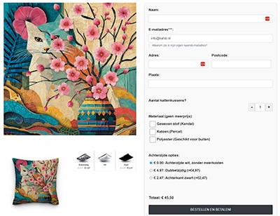 Printscreen van een productpagina met foto en beknopt bestelformulier