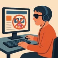 Man achter de computer met een groot rood kruis over de social media logo's