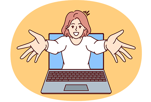 Een vrouw die uit een computerscherm lijkt te komen en die je met gespreide armen verwelkomt