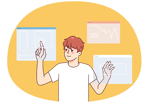 Een webdeveloper bedient verschillende zwevende schermen