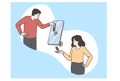 Een man die een vrouw betaalt met munten via een mobiele telefoon
