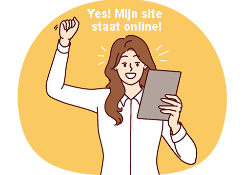 Een juichende dame die blij is omdat haar website online staat