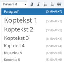Voorbeeld menu in editor met de te selecteren kopteksten van 1 t/m 6