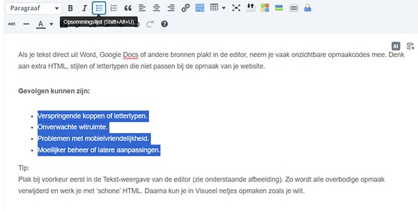 Voorbeeld geselecteerde tekst en selectie van het menu Opsommingslijst