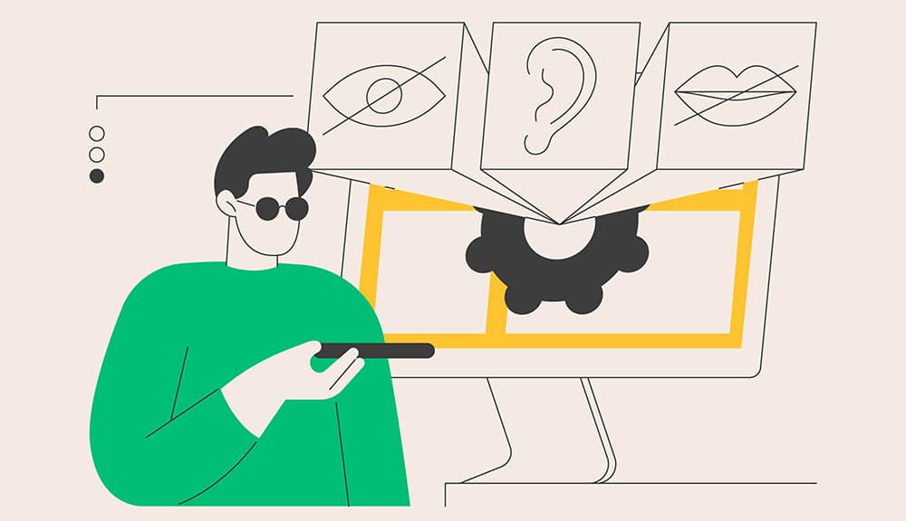 Illustratie over digitale toegankelijkheid: symbolen voor zien, horen en spreken op een computerscherm